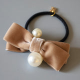 Velvet Ribbon Beige Pearl Hair Pony