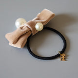 Velvet Ribbon Beige Pearl Hair Pony