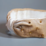 Beige Velour Turban Headband Gold Studs