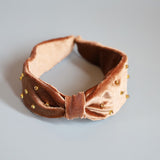 Brown Velour Turban Headband Gold Studs