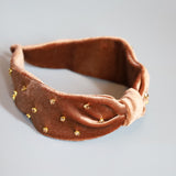 Brown Velour Turban Headband Gold Studs