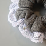 Dark Grey White Frills Scrunchie