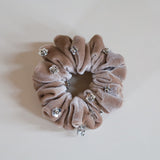 Silver Flower Sand Beige Velour Mini Scrunchie
