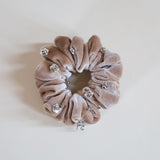 Silver Flower Sand Beige Velour Mini Scrunchie