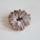 Silver Flower Sand Beige Velour Mini Scrunchie