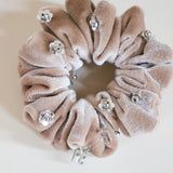 Silver Flower Sand Beige Velour Mini Scrunchie