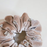 Silver Flower Sand Beige Velour Mini Scrunchie
