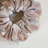Silver Flower Sand Beige Velour Mini Scrunchie