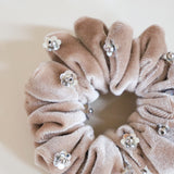 Silver Flower Sand Beige Velour Mini Scrunchie