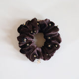 Black Flower Cacao Brown Velour Mini Scrunchie
