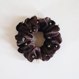 Black Flower Cacao Brown Velour Mini Scrunchie