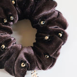 Black Flower Cacao Brown Velour Mini Scrunchie