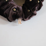 Black Flower Cacao Brown Velour Mini Scrunchie