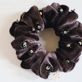Black Flower Cacao Brown Velour Mini Scrunchie