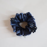 Black Flower Charcoal Velour Mini Scrunchie