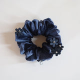 Black Flower Charcoal Velour Mini Scrunchie