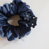 Black Flower Charcoal Velour Mini Scrunchie