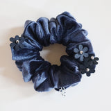 Black Flower Charcoal Velour Mini Scrunchie