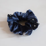 Black Flower Charcoal Velour Mini Scrunchie