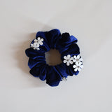 White Flower Navy Velour Mini Scrunchie