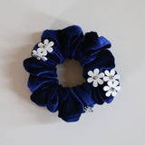 White Flower Navy Velour Mini Scrunchie