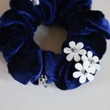 White Flower Navy Velour Mini Scrunchie