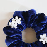 White Flower Navy Velour Mini Scrunchie