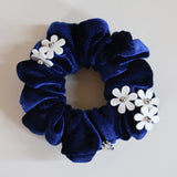 White Flower Navy Velour Mini Scrunchie