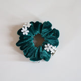 White Flower Green Velour Mini Scrunchie