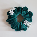 White Flower Green Velour Mini Scrunchie