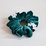 White Flower Green Velour Mini Scrunchie