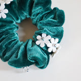 White Flower Green Velour Mini Scrunchie