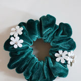 White Flower Green Velour Mini Scrunchie