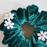 White Flower Green Velour Mini Scrunchie