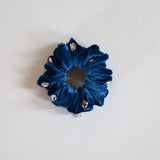 Silver Studs Cerulean Blue Velour MIni Scrunchie