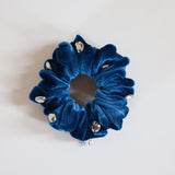 Silver Studs Cerulean Blue Velour MIni Scrunchie