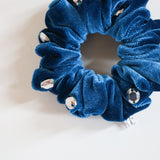 Silver Studs Cerulean Blue Velour MIni Scrunchie