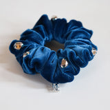 Silver Studs Cerulean Blue Velour MIni Scrunchie