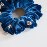 Silver Studs Cerulean Blue Velour MIni Scrunchie