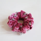 Silver Studs Fuchsia Purple Velour Mini Scrunchie