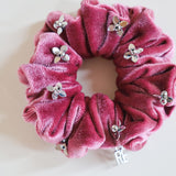 Silver Studs Fuchsia Purple Velour Mini Scrunchie