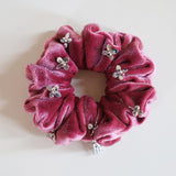 Silver Studs Fuchsia Purple Velour Mini Scrunchie