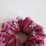 Silver Studs Fuchsia Purple Velour Mini Scrunchie