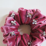 Silver Studs Fuchsia Purple Velour Mini Scrunchie