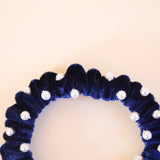 Velour Navy Pearl Mini Scrunchie