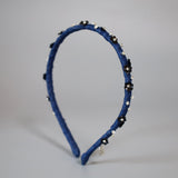 Narrow Headband Blue Denim Black Flower