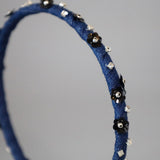 Narrow Headband Blue Denim Black Flower