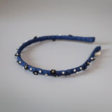 Narrow Headband Blue Denim Black Flower
