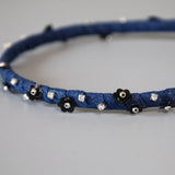 Narrow Headband Blue Denim Black Flower