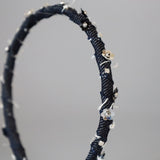 Narrow Headband Indigo Denim Black Flower